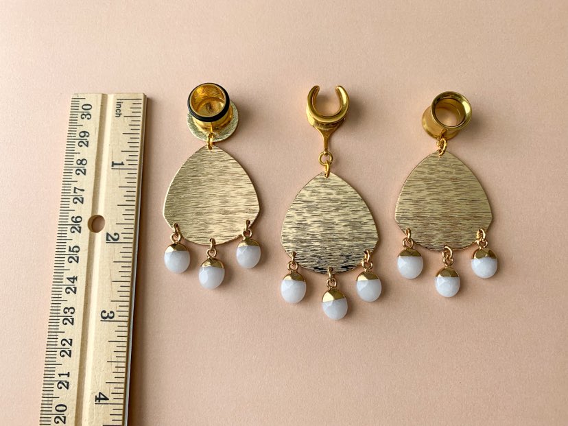 Brushed Gold Dangles With White Jade Drops