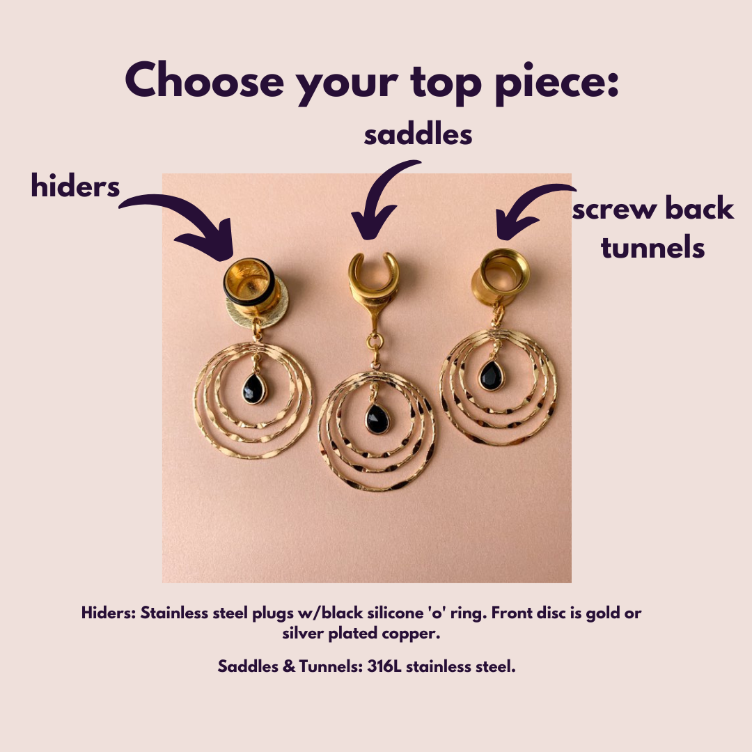 Gold Tri-Hoop With Black Glass Center Dangle