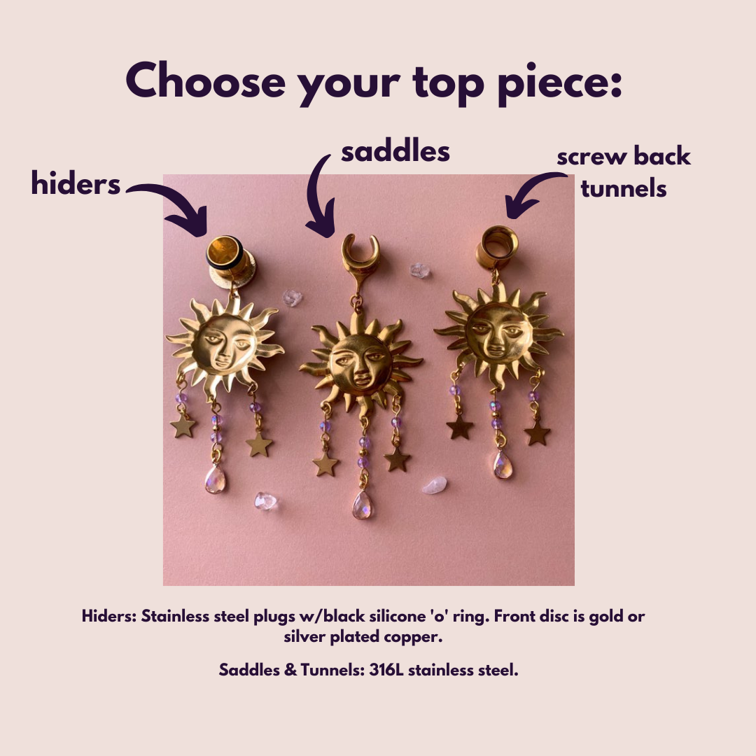 Brass Sun Earrings with Star & Gem Pendants