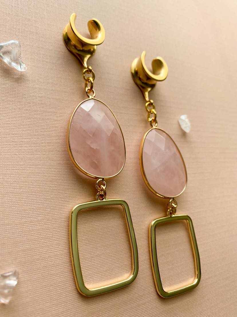 Pink Quartz With Gilded Square Dangle