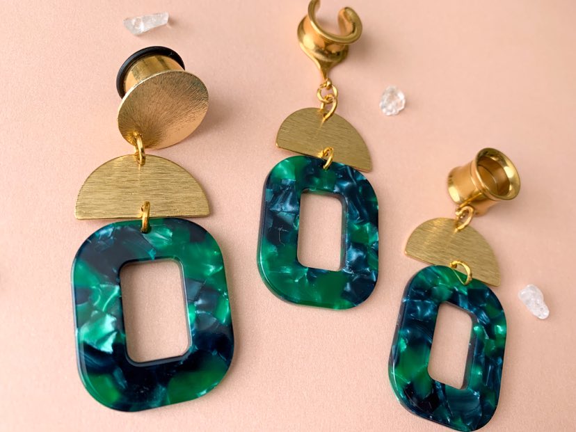 Green Marble Dangles w/ Gold Brushed Accents