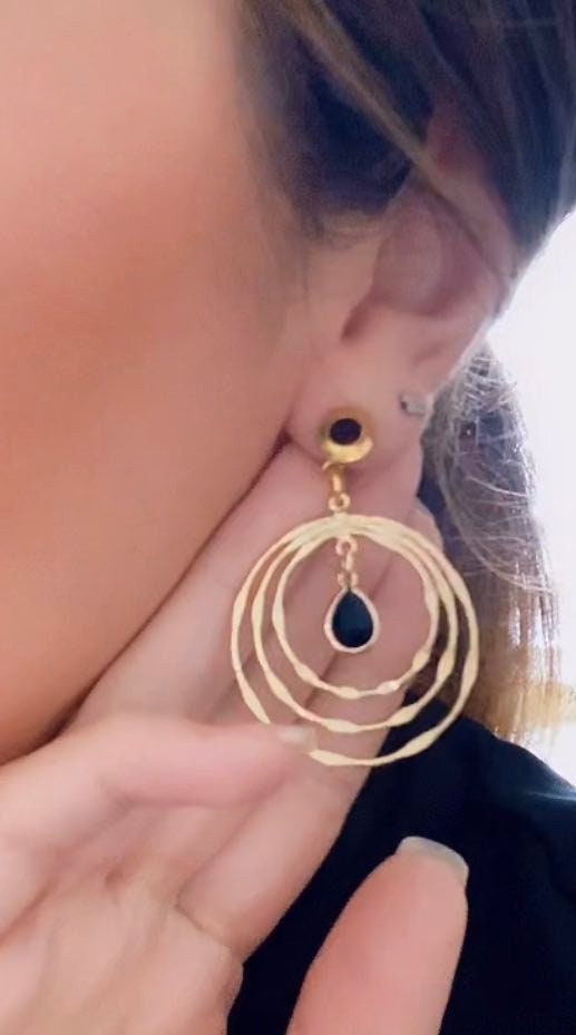 Gold Tri-Hoop With Black Glass Center Dangle