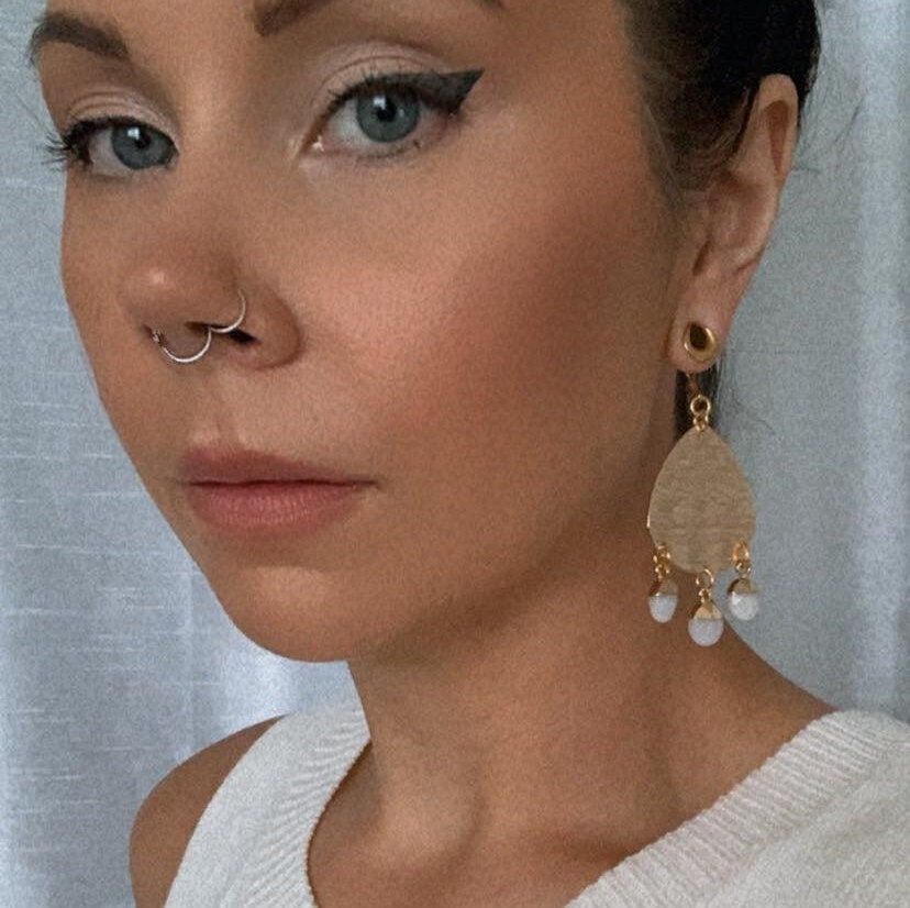 Brushed Gold Dangles With White Jade Drops