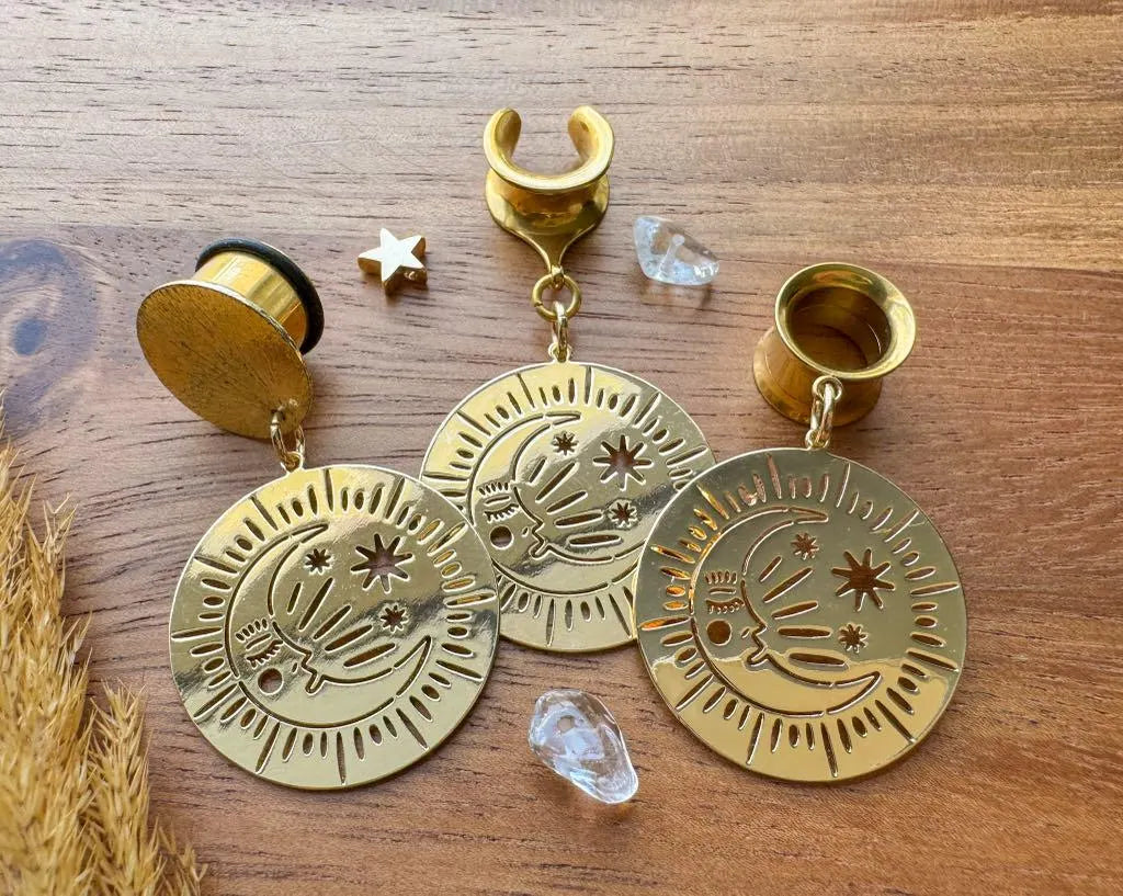 18k Gold Moon & Star Drops Plug Earrings