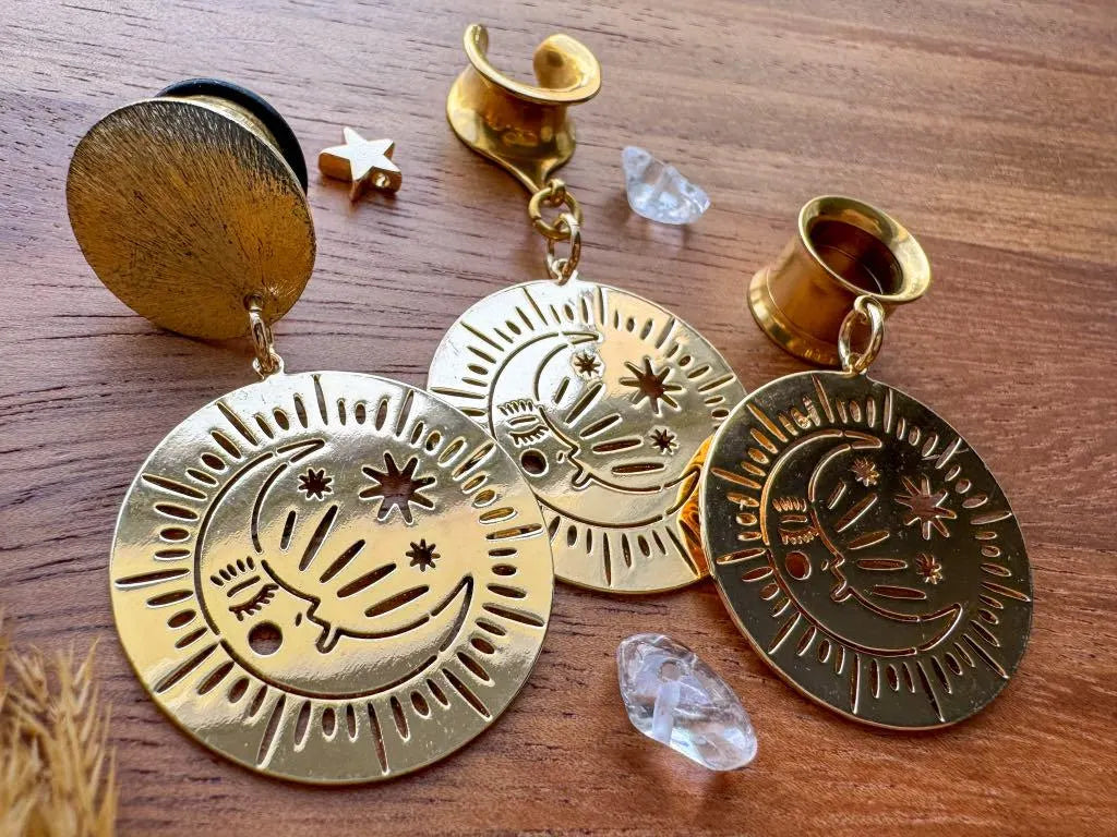 18k Gold Moon & Star Drops Plug Earrings