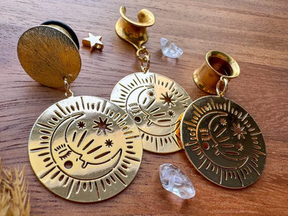 18k Gold Moon & Star Drops Plug Earrings