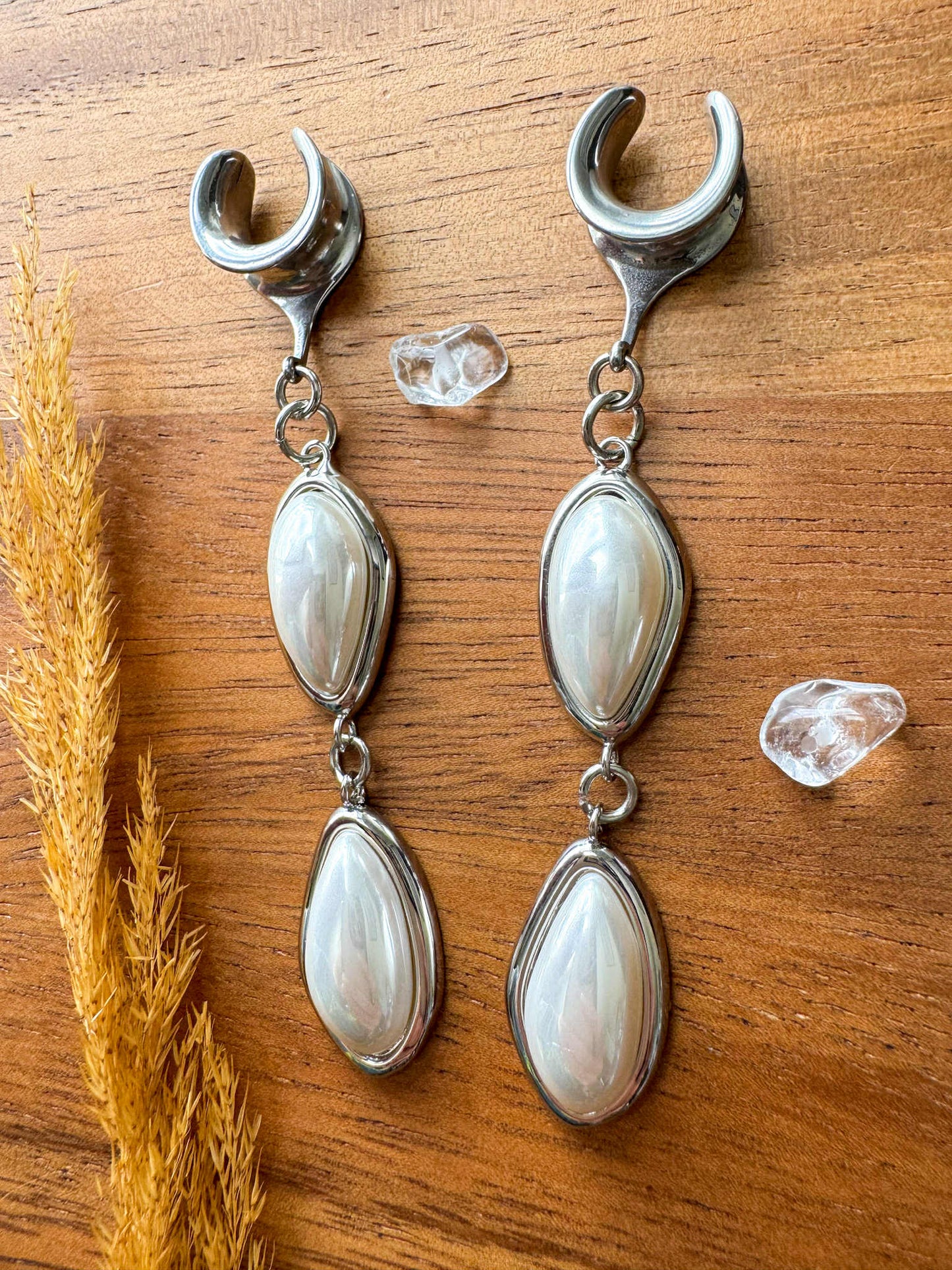 2-Tier Silver Plated Pearls Plug Earrings