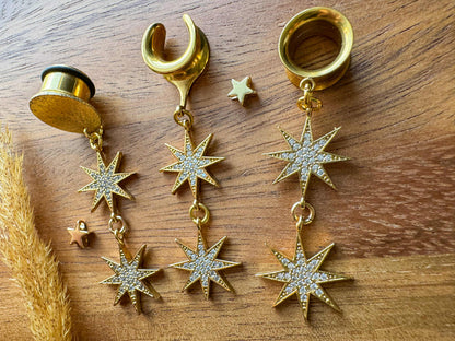 24k Plated Double CZ Stars Plug Earrings