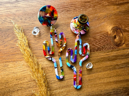 Acetate Rainbow Cactus Dangles Plug Earrings