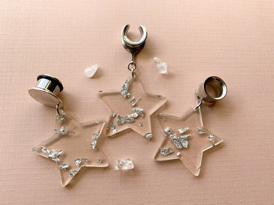 Acrylic Star Earrings With Glistening Silver Flake