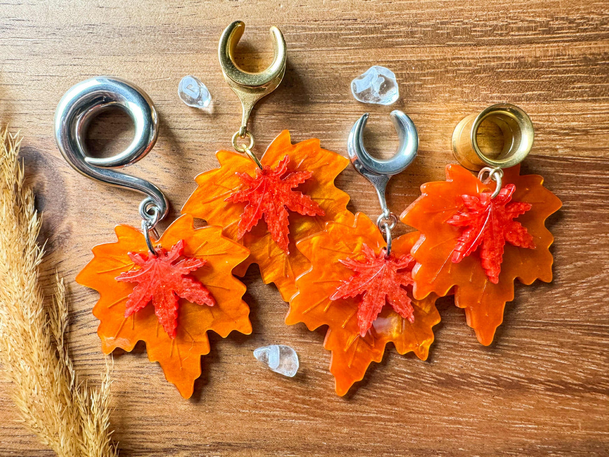 Acrylic Orange Autumn Leaves Plug Earrings