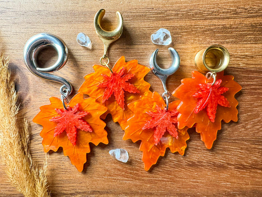 Acrylic Orange Autumn Leaves Plug Earrings