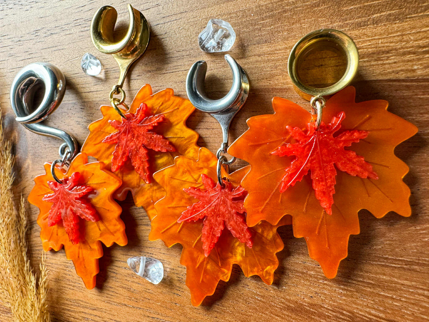 Acrylic Orange Autumn Leaves Plug Earrings