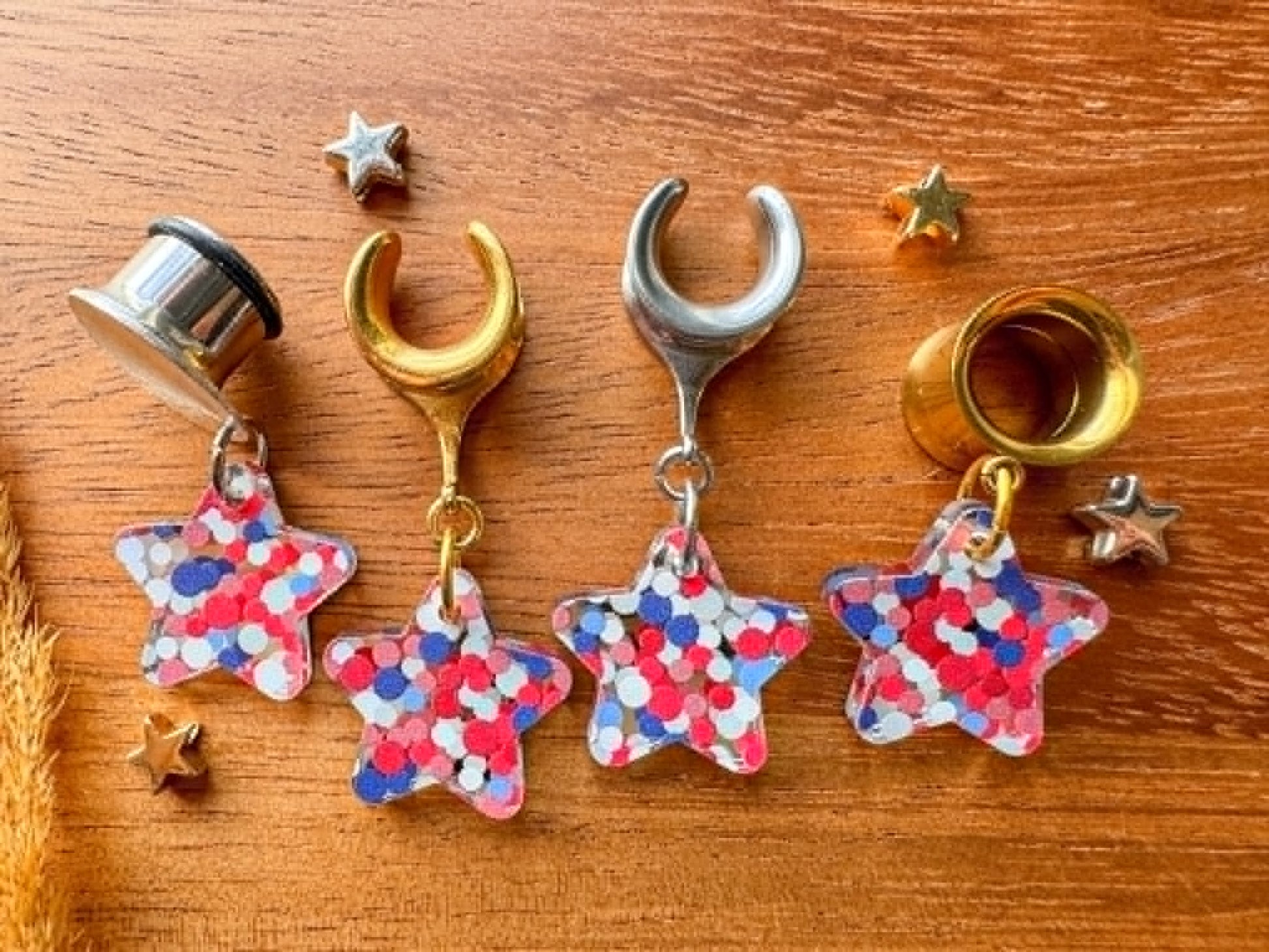 Acrylic Red White & Blue Stars Plug Earrings