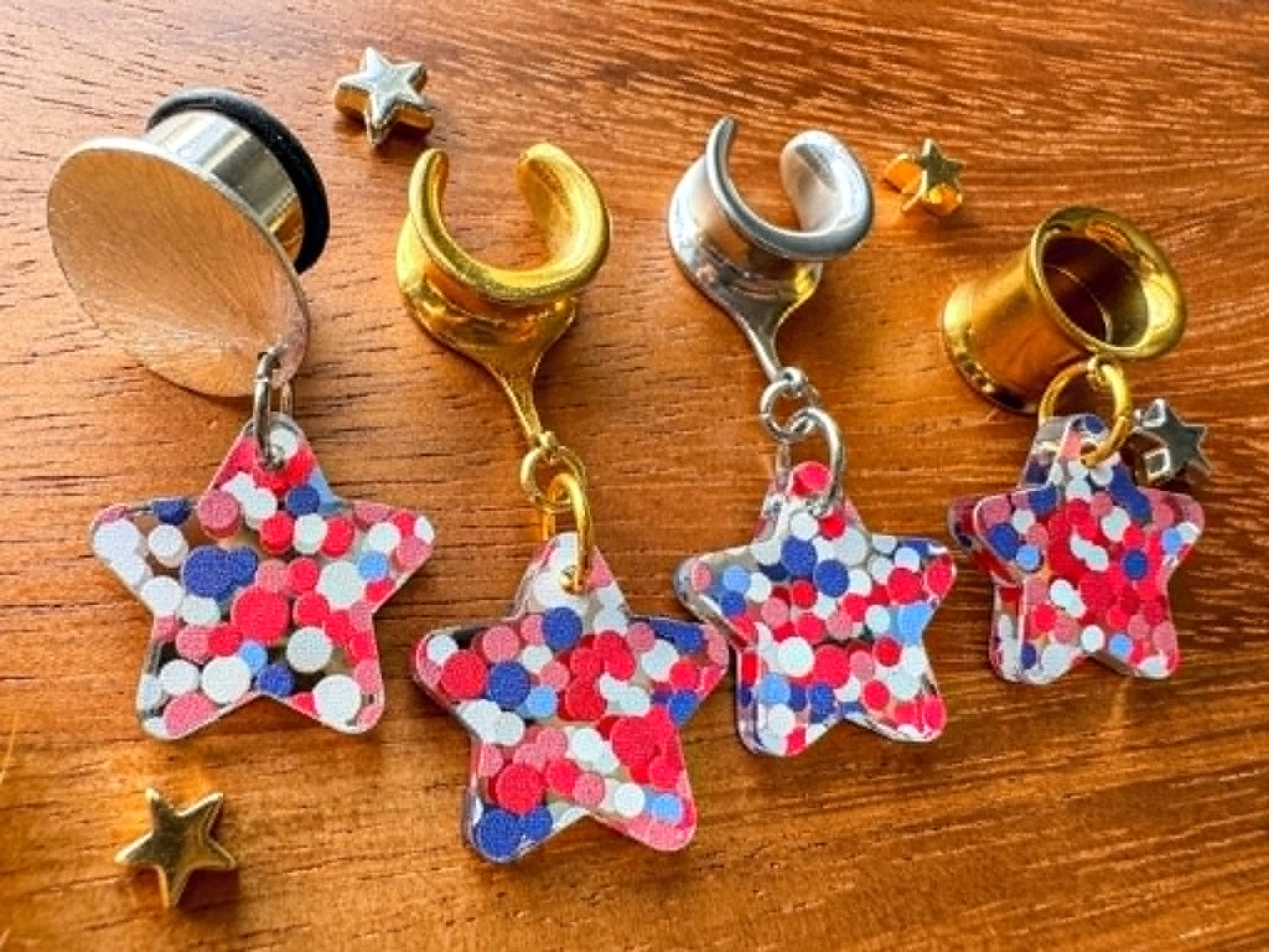 Acrylic Red White & Blue Stars Plug Earrings