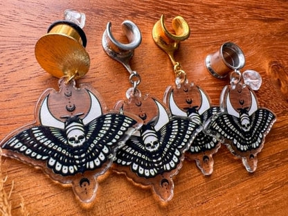 Acrylic moth and moon plug earrings for stretched ears