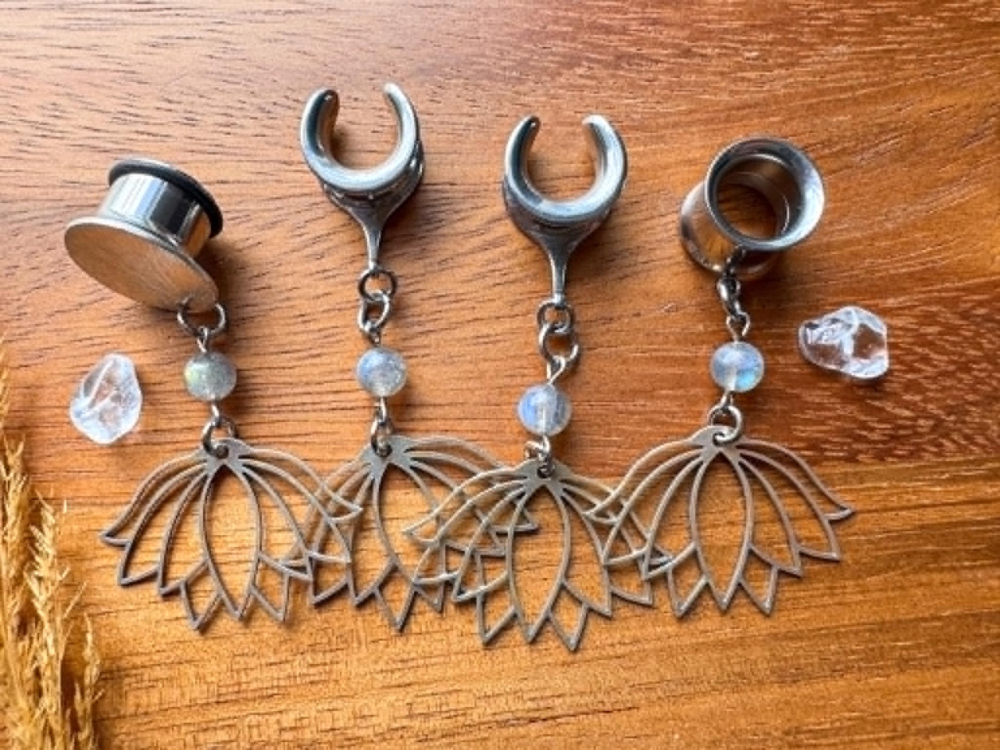 Antique Silver Lotus & Labradorite Plug Earrings