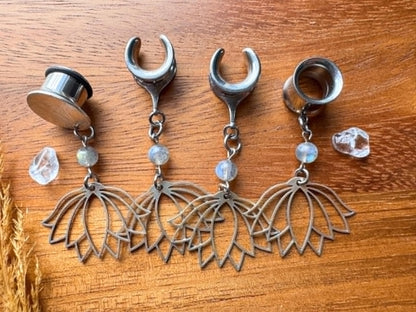 Antique Silver Lotus & Labradorite Plug Earrings