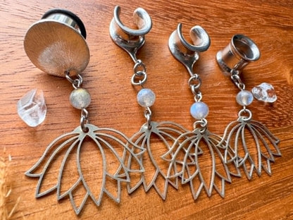 Antique Silver Lotus & Labradorite Plug Earrings