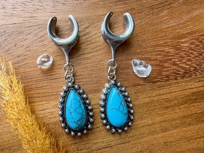 Antique Silver Tear & Faux Turquoise Plug Earrings