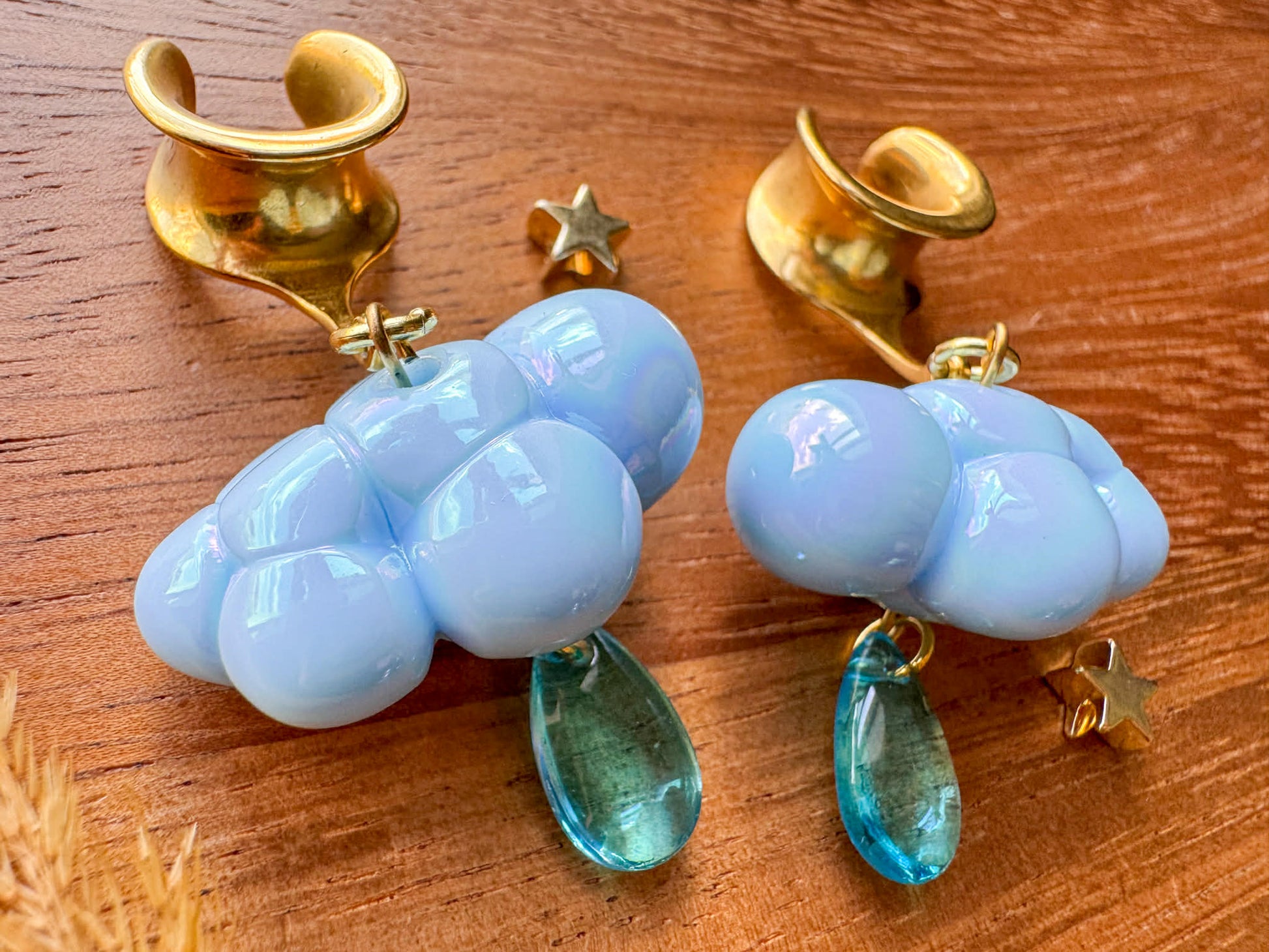 Baby Blue & Gold Iridescent Rainclouds Plug Earrings