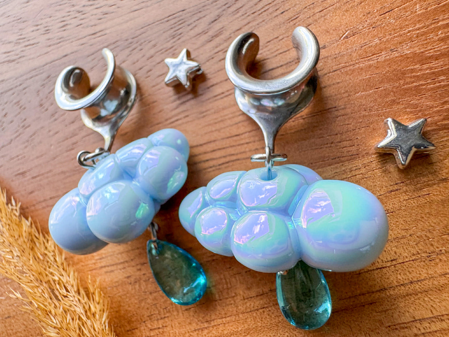 Baby Blue & Silver Iridescent Rainclouds Plug Earrings