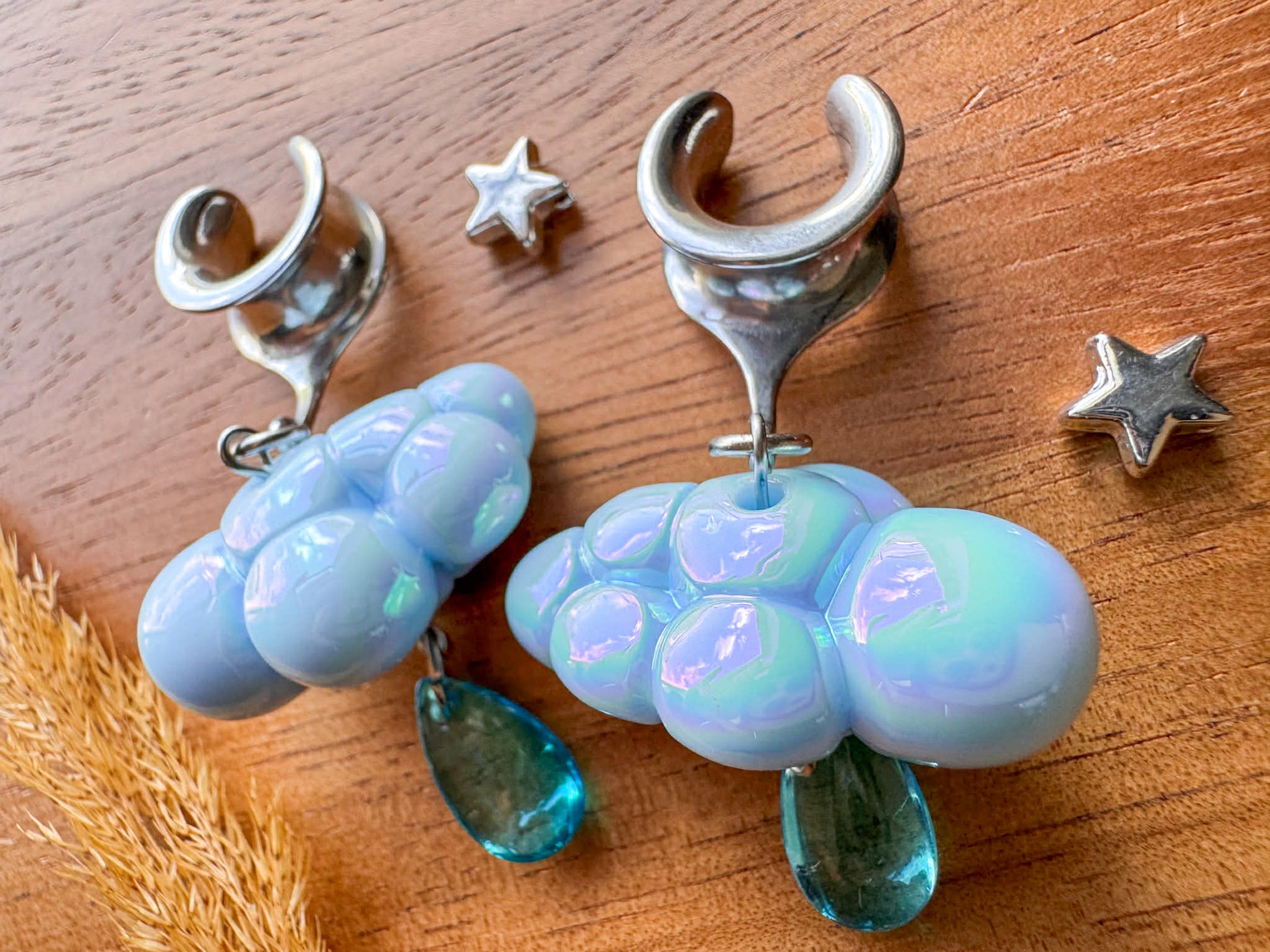 Baby Blue & Silver Iridescent Rainclouds Plug Earrings