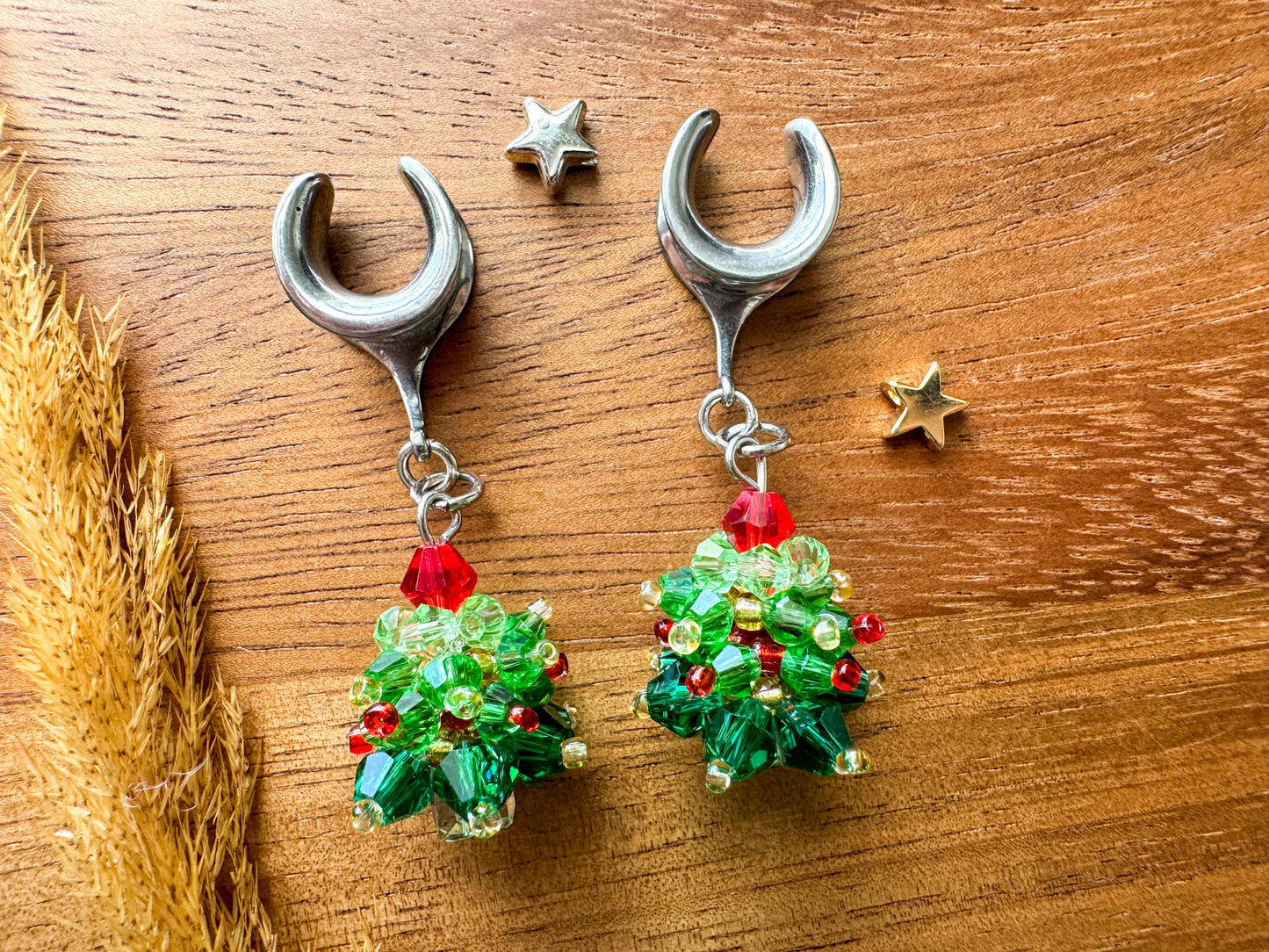 Beaded Christmas Trees Plug Earrings