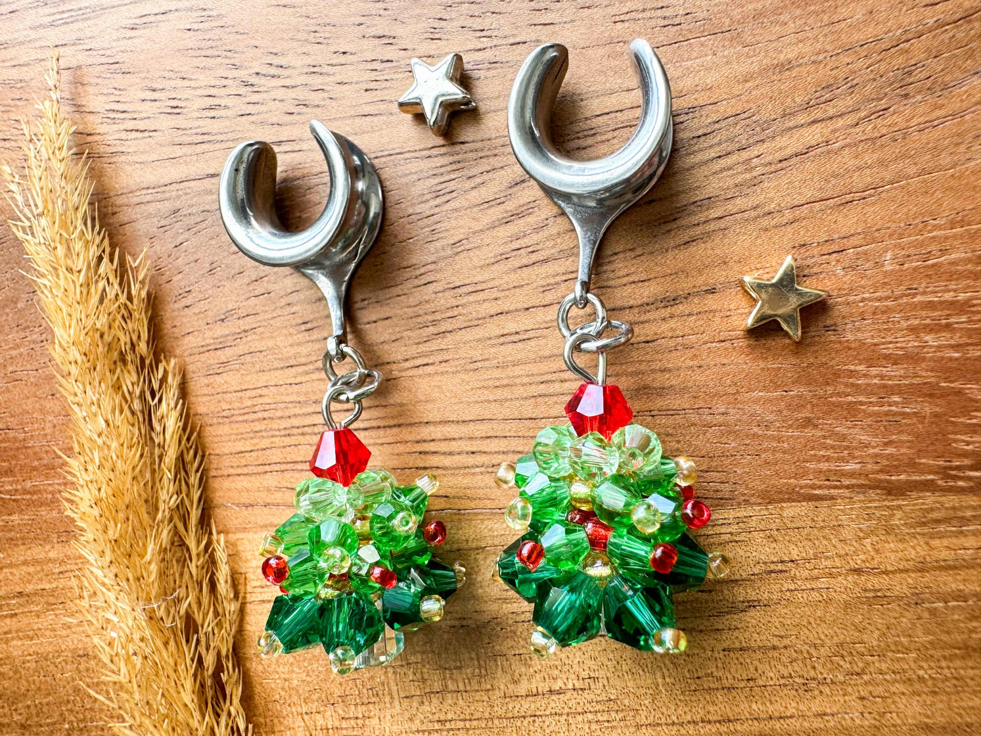 Beaded Christmas Trees Plug Earrings