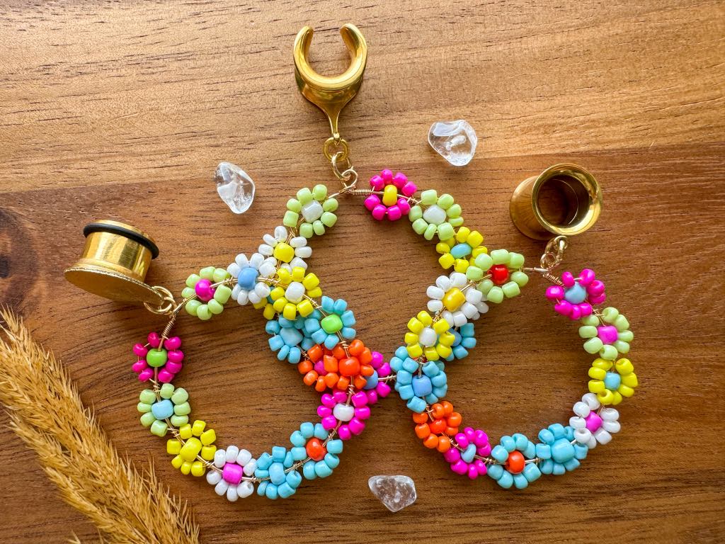 Beaded Flower Hoops Plug Earrings