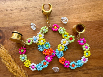 Beaded Flower Hoops Plug Earrings