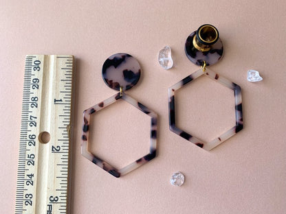 Beige & Brown Tortoiseshell Hexagon Hoops