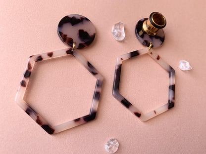 Beige & Brown Tortoiseshell Hexagon Hoops