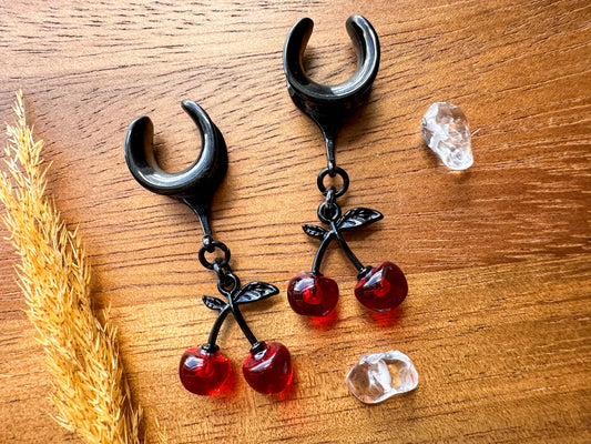 Black Accent Cherries Plug Earrings