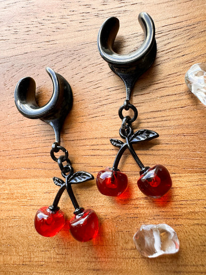 Black Accent Cherries Plug Earrings