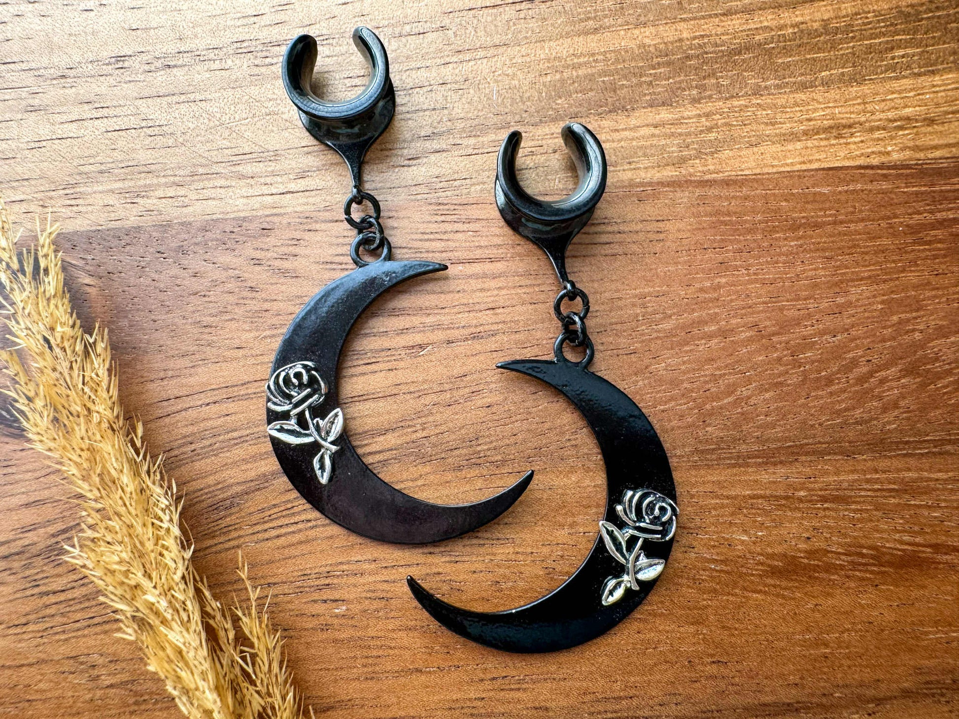 Black Crescent Moons Plug Earrings
