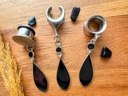 Black Enamel Drops Plug Earrings
