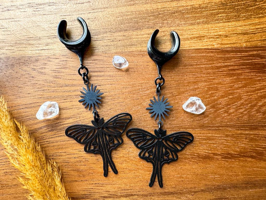Black Moth & Sun Dangles Plug Earrings