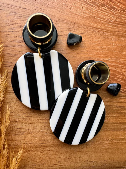 Black & White Striped Round Dangles Plug Earrings