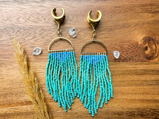 Blue & Teal Beaded Dangles Plug Earrings