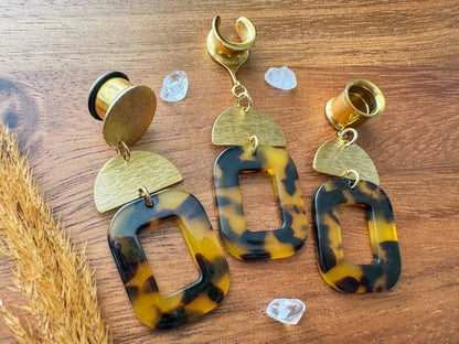 Brown & Black Acetate Dangles w/ Gold Accents Plug Earrings