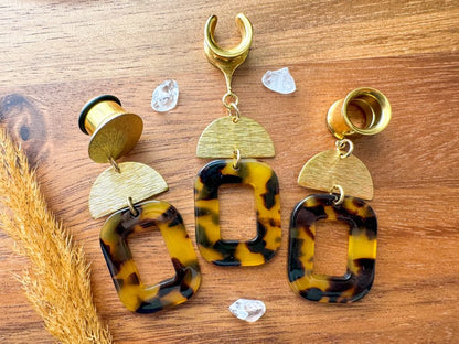 Brown & Black Acetate Dangles w/ Gold Accents Plug Earrings
