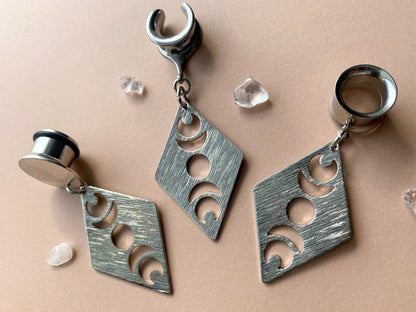 Brushed Silver Diamond Shape Moon Phases Plug Earrings