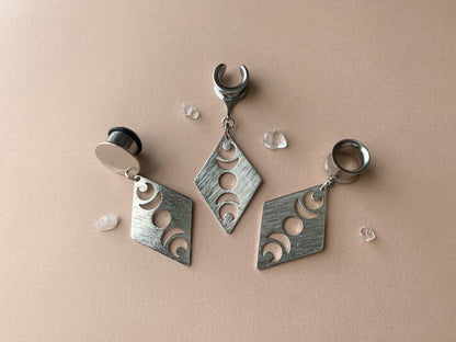 Brushed Silver Diamond Shape Moon Phases Plug Earrings