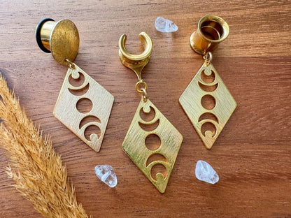 Brushed Gold Diamond Shape Moon Phases Plug Earrings