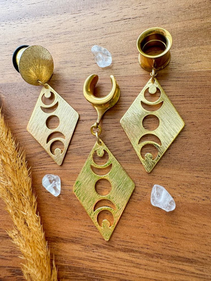 Brushed Gold Diamond Shape Moon Phases Plug Earrings