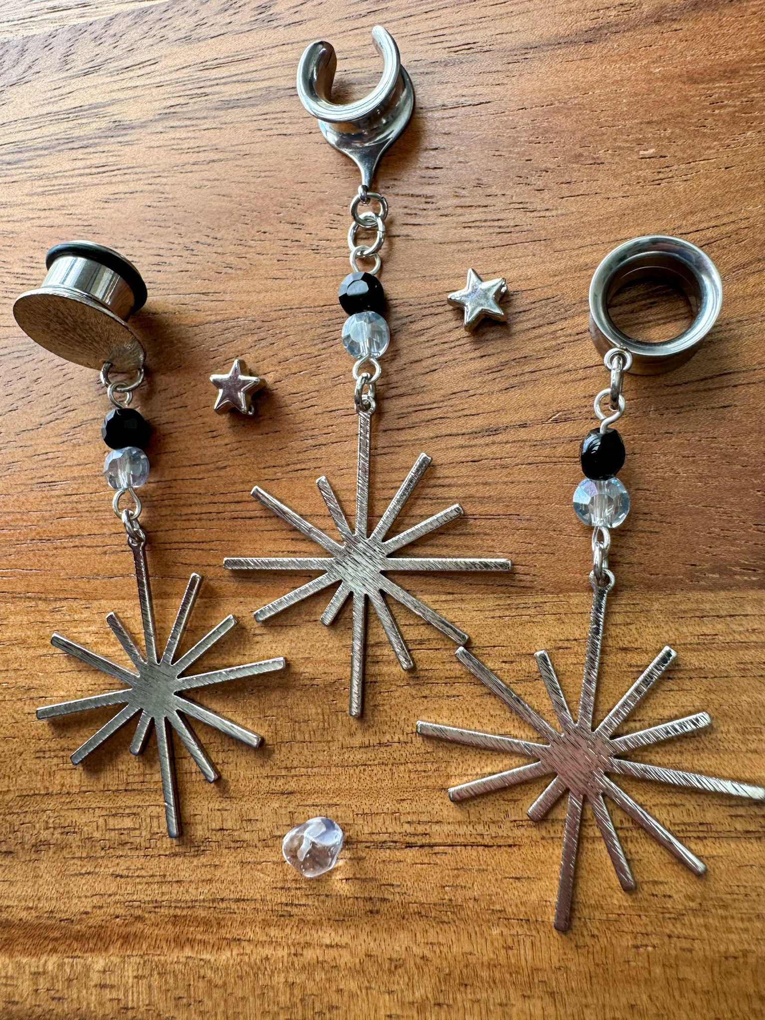 Brushed Silver Star Dangles Plug Earrings