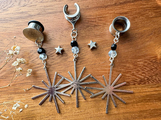 Brushed Silver Star Dangles Plug Earrings