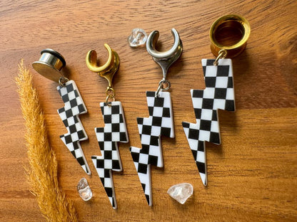 Checkered Lightning Bolts Plug Earrings