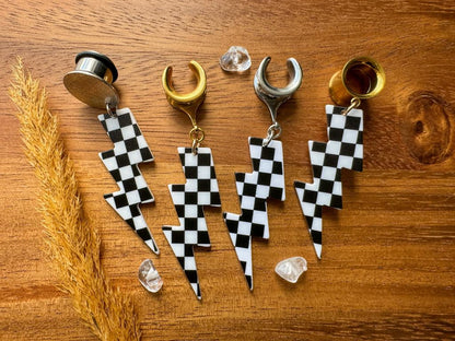 Checkered Lightning Bolts Plug Earrings